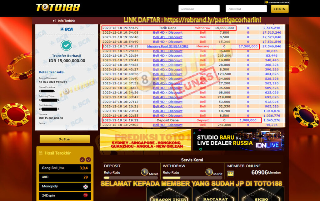 Bukti Jp Kemenangan Toto188 Singapore Pools 18 Desember 2023