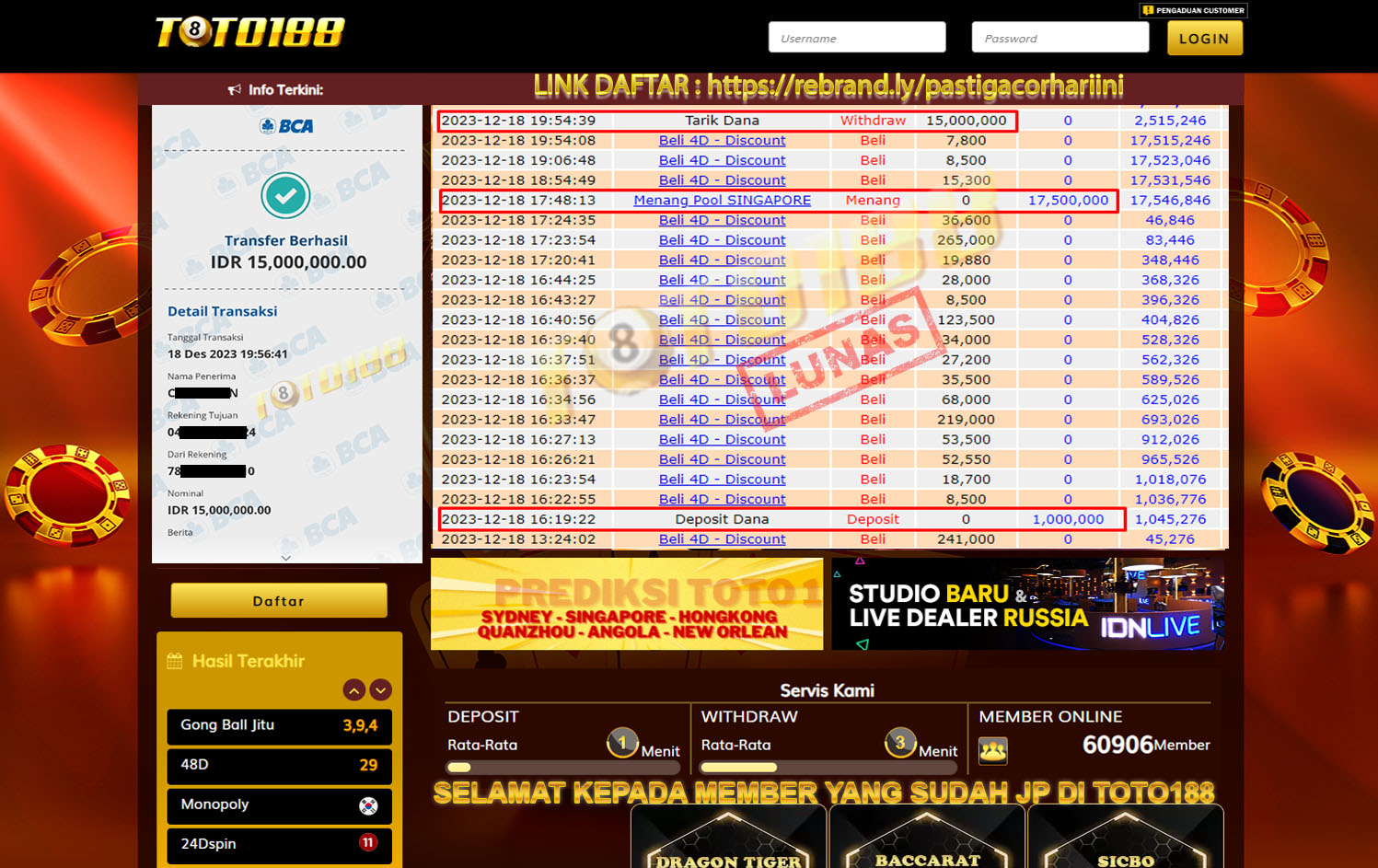 Bukti Jp Kemenangan Toto188 Singapore Pools 18 Desember 2023