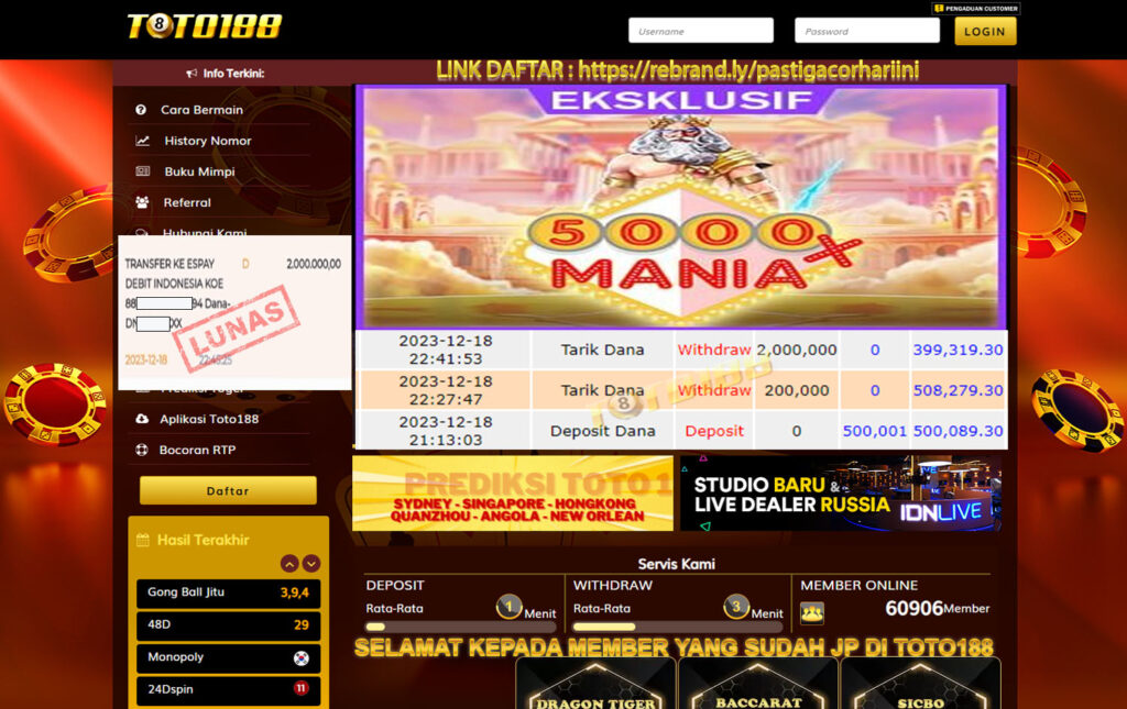 Bukti Jp Kemenangan Toto188 5000X MANIA 18 Desember 2023