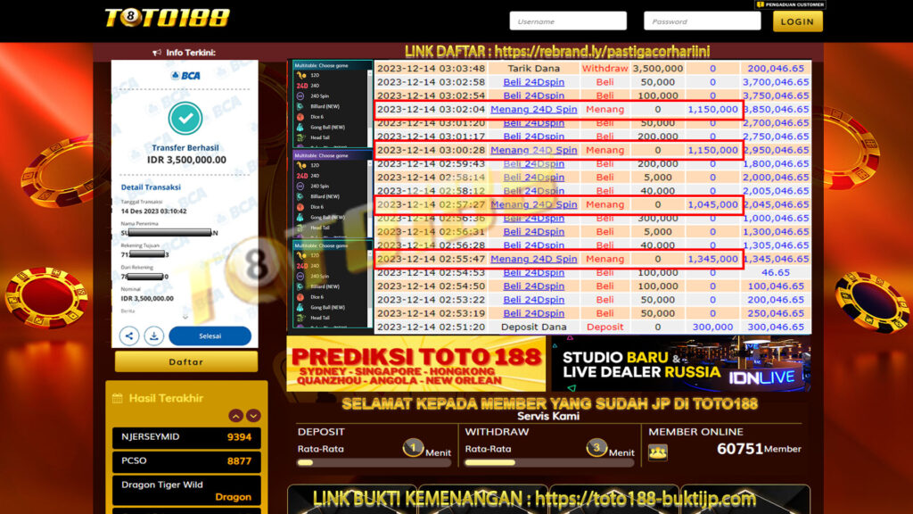 bukti jp kemenangan toto188 14 Desember 2023