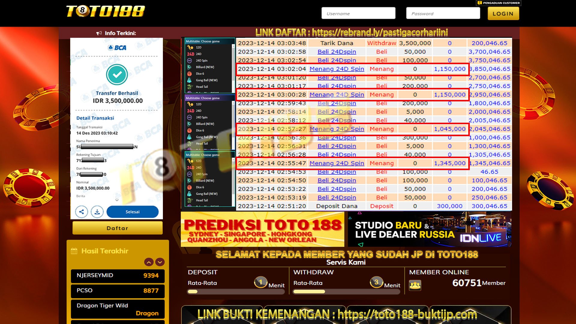 bukti jp kemenangan toto188 14 Desember 2023
