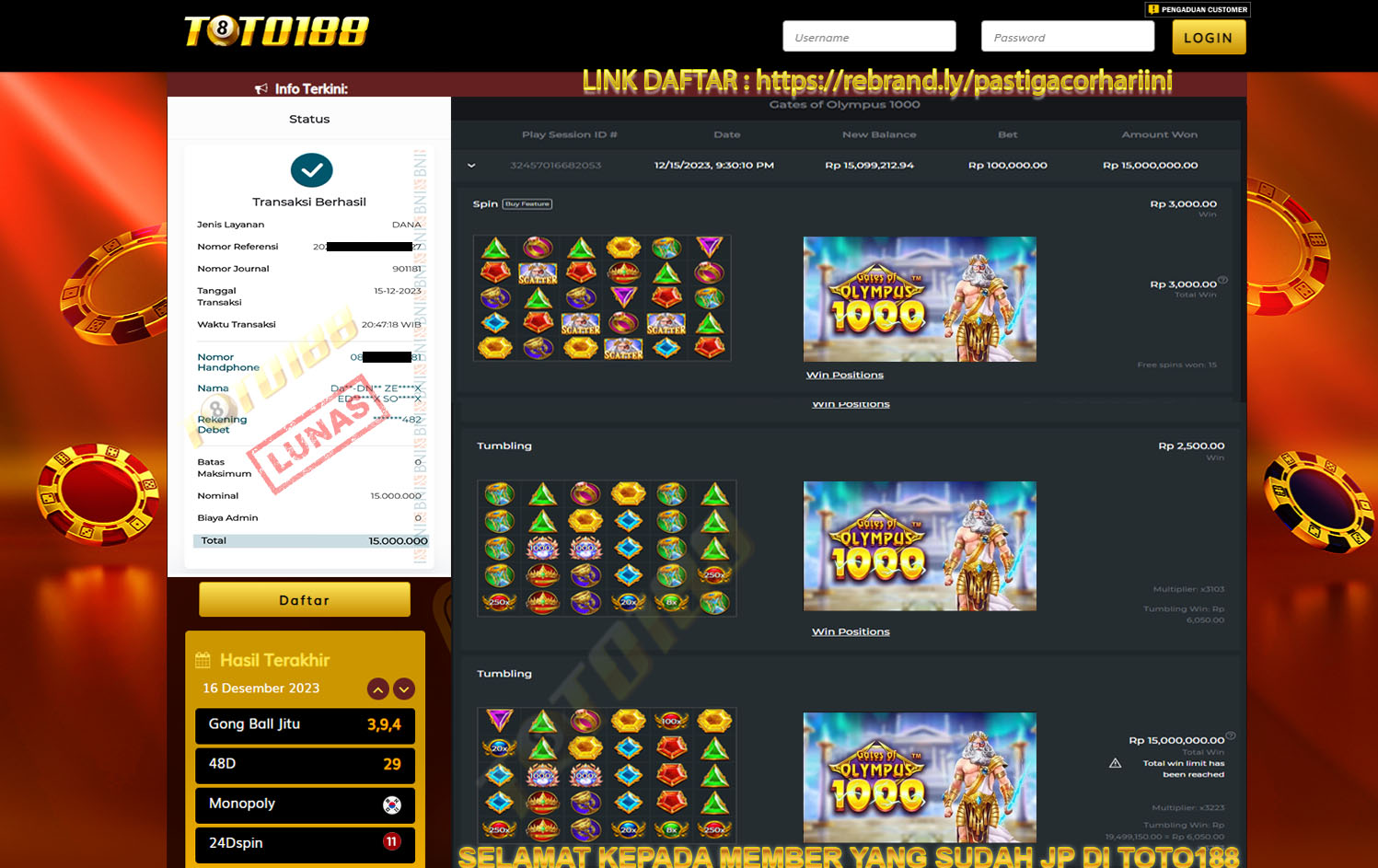 Bukti Jp Kemenangan Toto 188 Gates Of Olympus 1000 15 Desember 2023