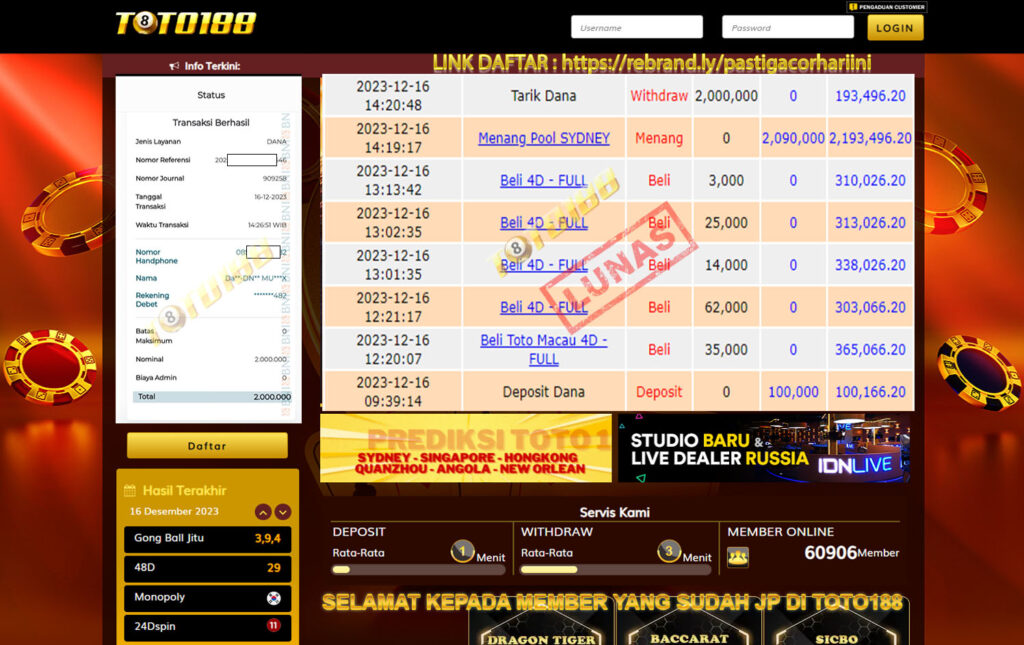 bukti jp kemenangan toto 188 16 Desember 2023 sydney pools