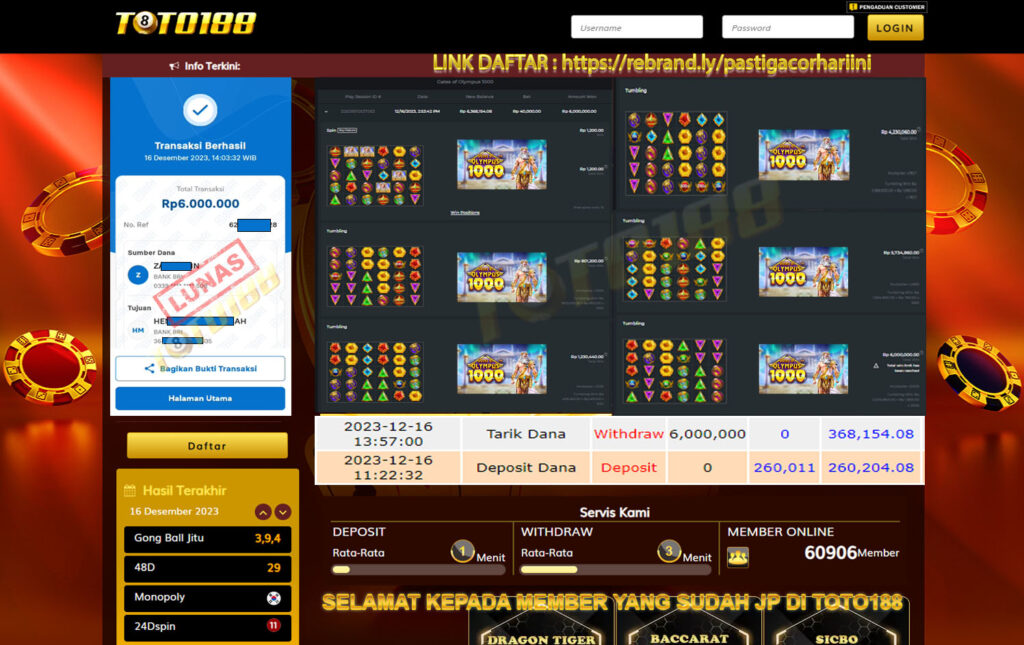 bukti jp Kemenangan toto188 Gates of Olympus 1000 16 Desember 2023