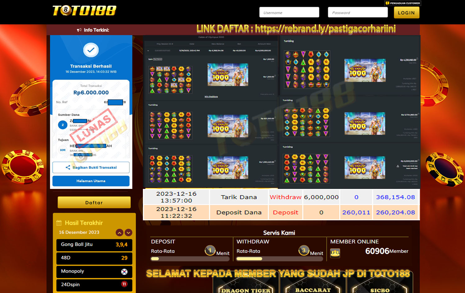 bukti jp Kemenangan toto188 Gates of Olympus 1000 16 Desember 2023