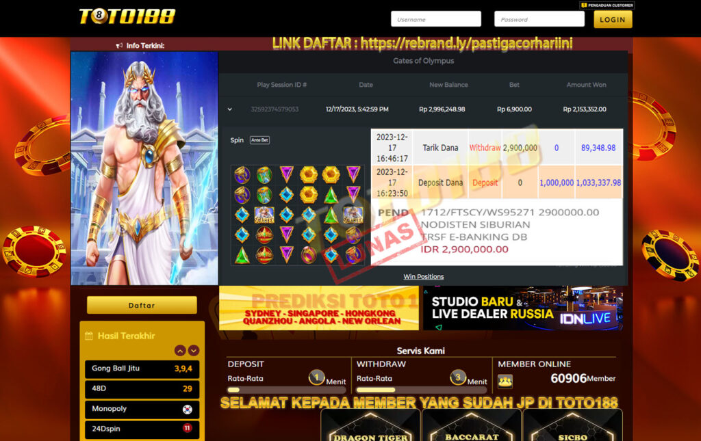 Bukti Jp Kemenangan Toto 188 Gates Of Olympus 17 Desember 2023