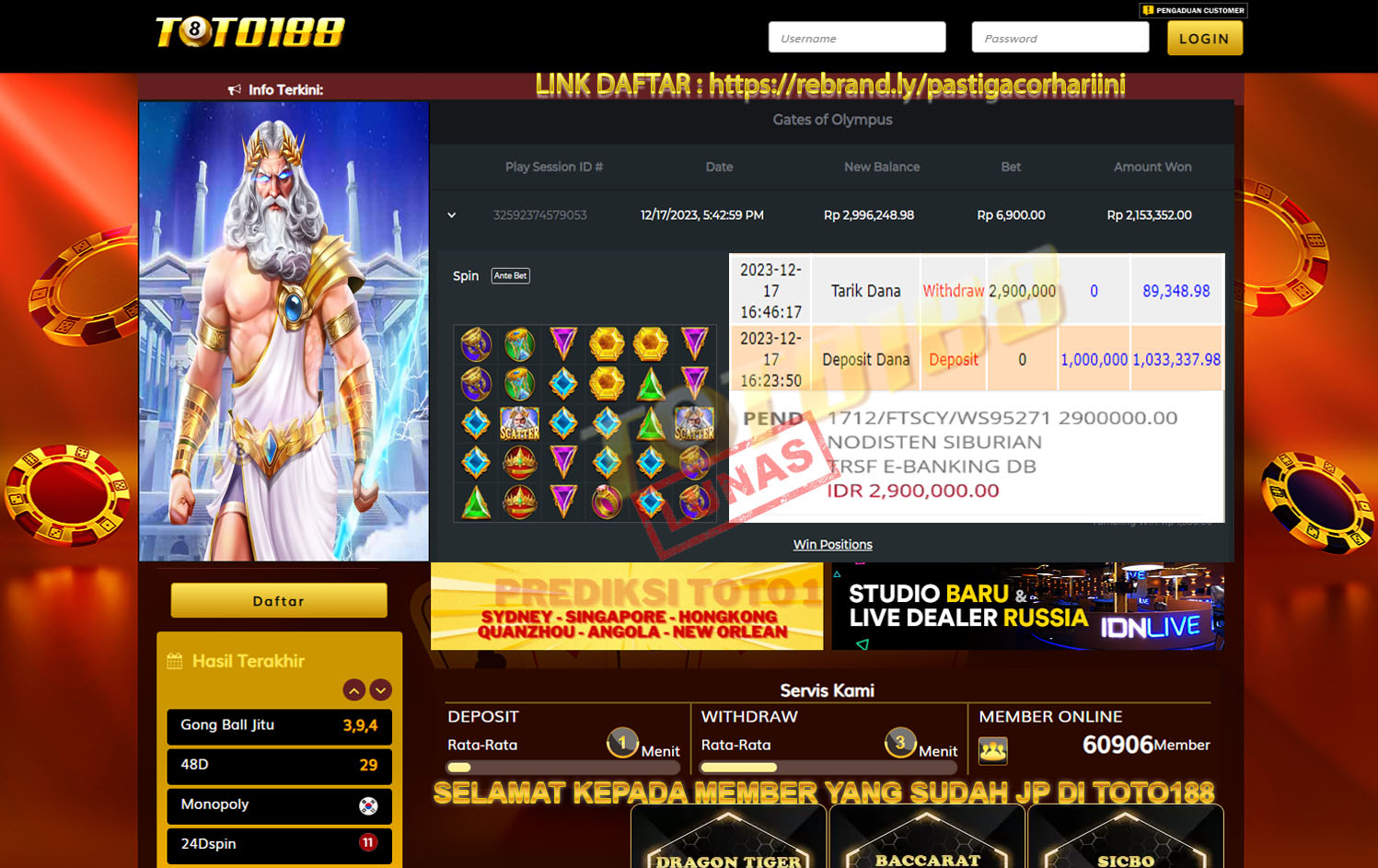 Bukti Jp Kemenangan Toto 188 Gates Of Olympus 17 Desember 2023