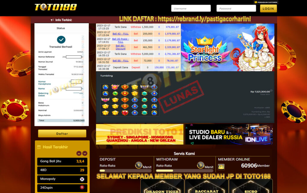 Bukti Jp Kemenangan Toto188 Starlight Princess 17 Desember 2023