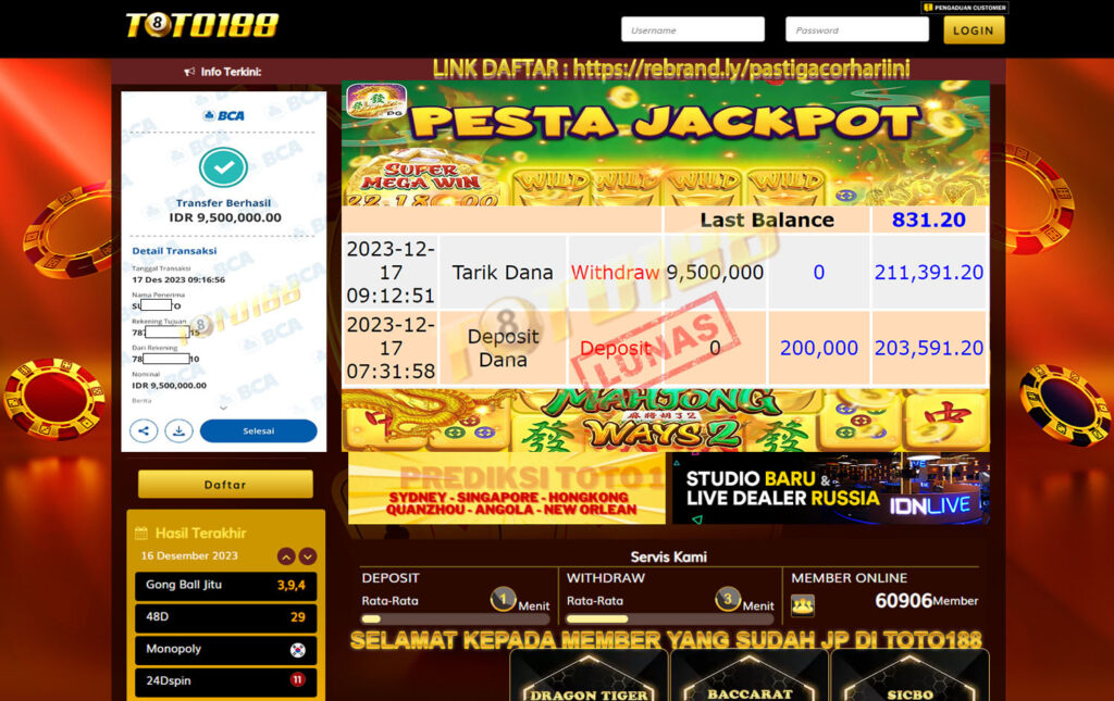 Bukti Jp Kemenangan Mahjong Ways 2 Toto188 17 Desember 2023