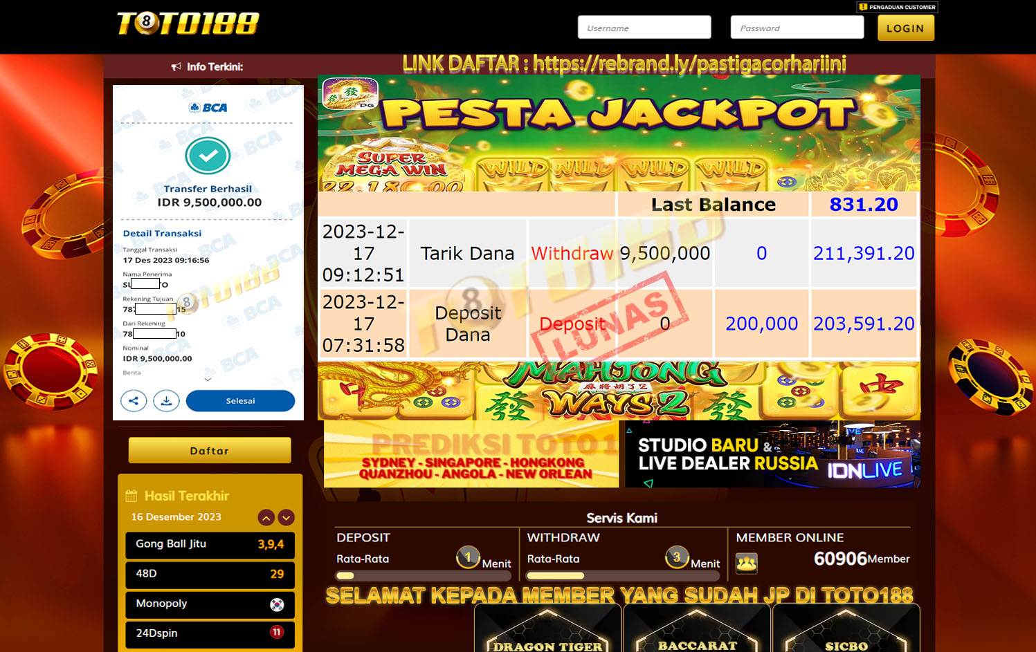 Bukti Jp Kemenangan Mahjong Ways 2 Toto188 17 Desember 2023