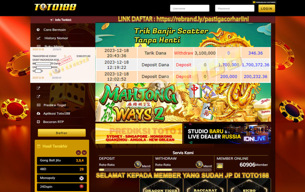 Bukti Jp Kemenangan Toto188 Mahjong Ways2 18 Desember 2023