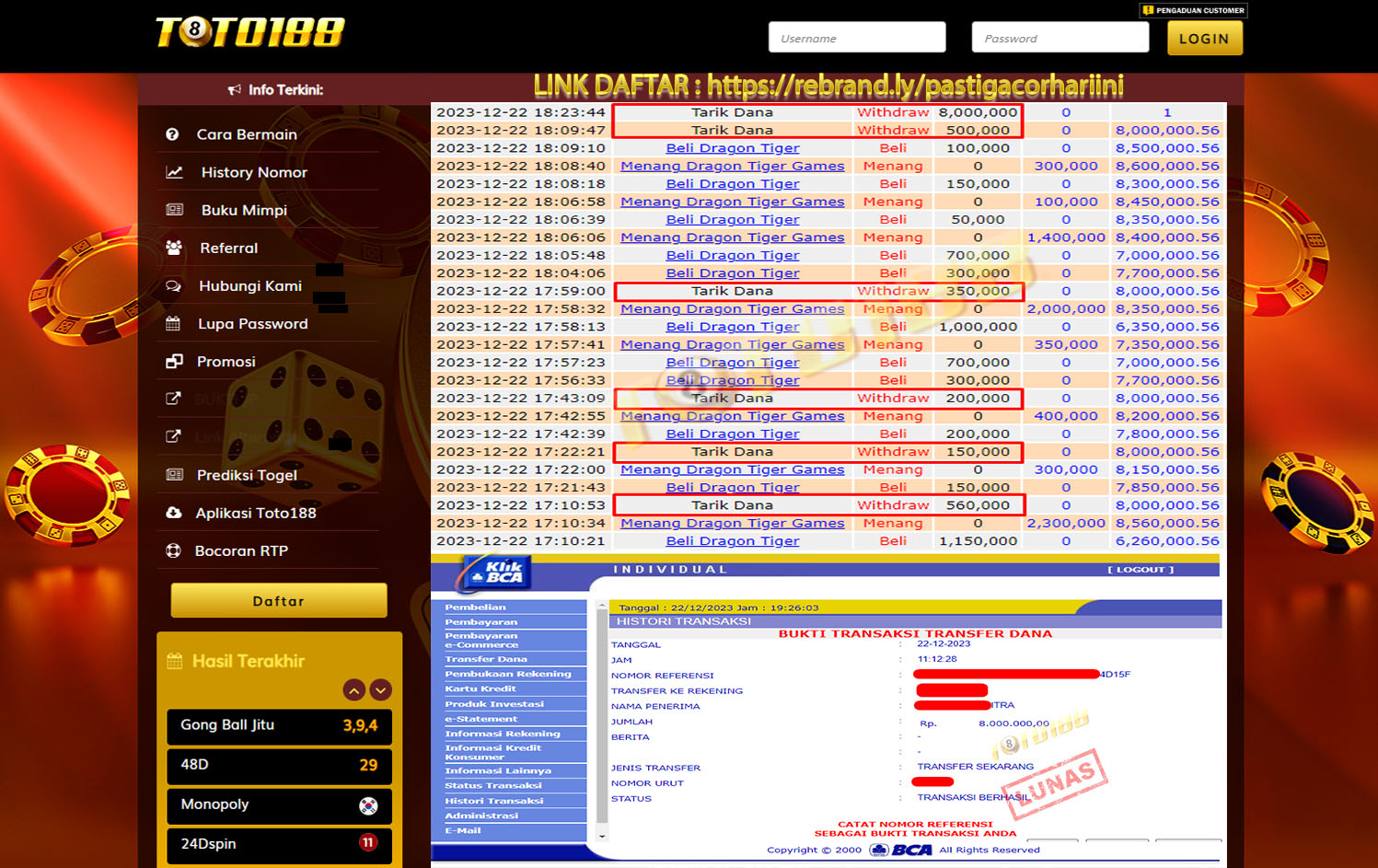 Bukti JP Kemenangan Toto 188 Dragon Tiger 22 Desember 23