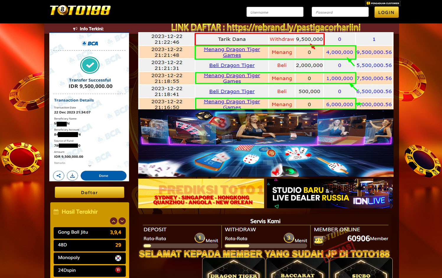 Bukti Jp Kemenangan Toto188 Dragon Tiger 22 Desember 2023