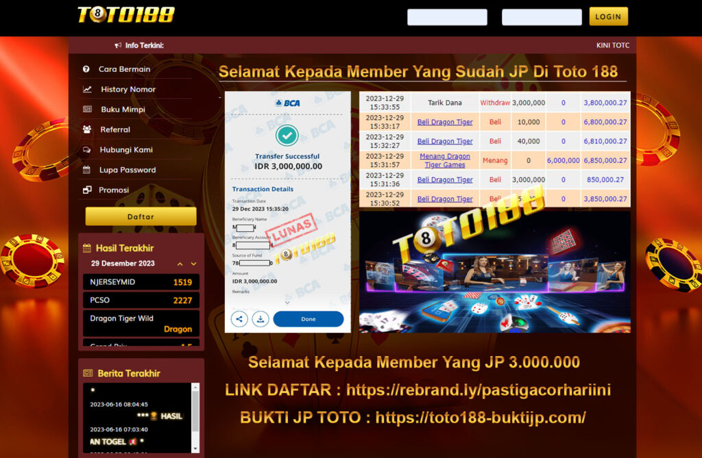 Bukti Jp Kemenangan toto188 Dragon Game 29 Desember 2023
