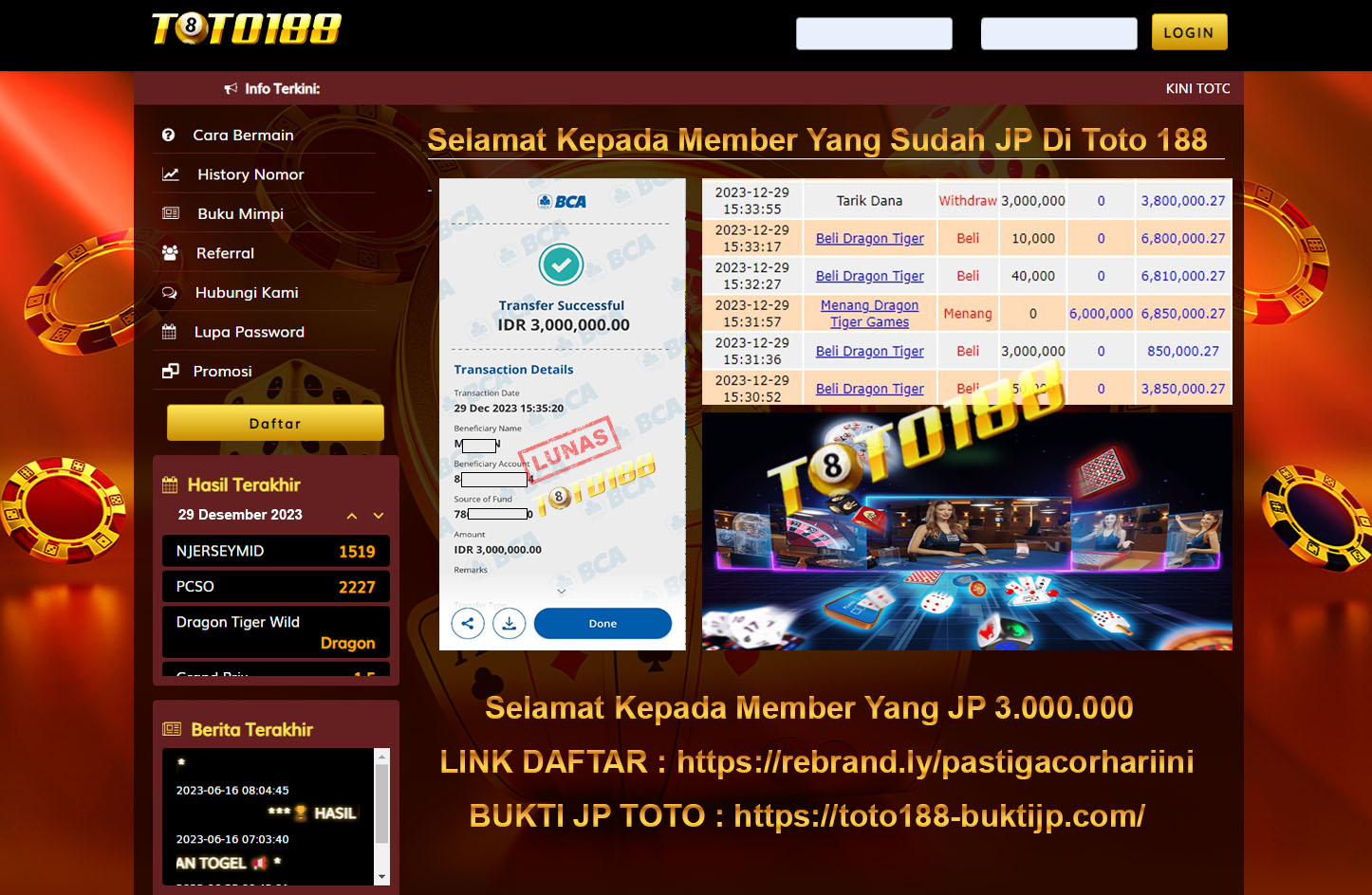 Bukti Jp Kemenangan toto188 Dragon Game 29 Desember 2023