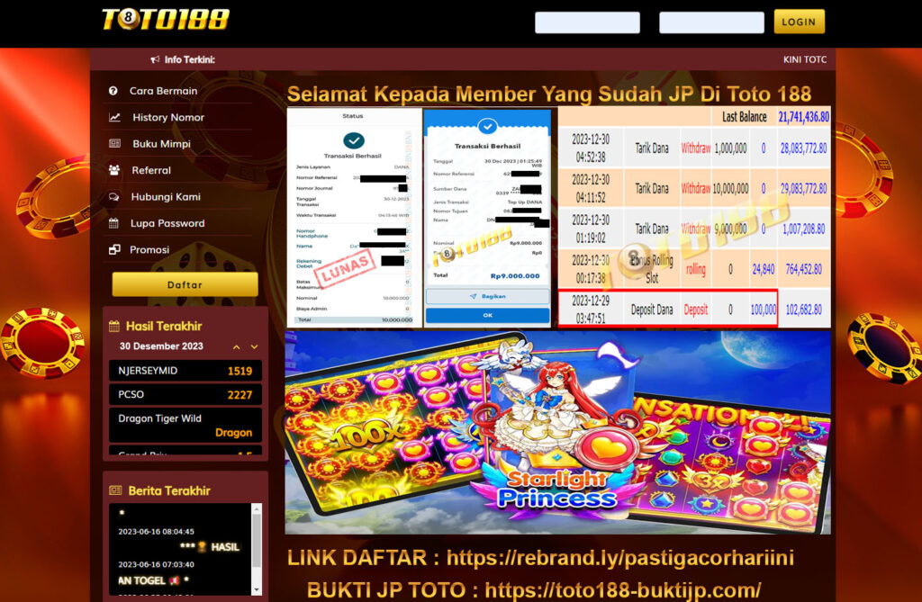 Bukti Jp Kemenangan Toto188 Starlight Princess 30 Desember 2023
