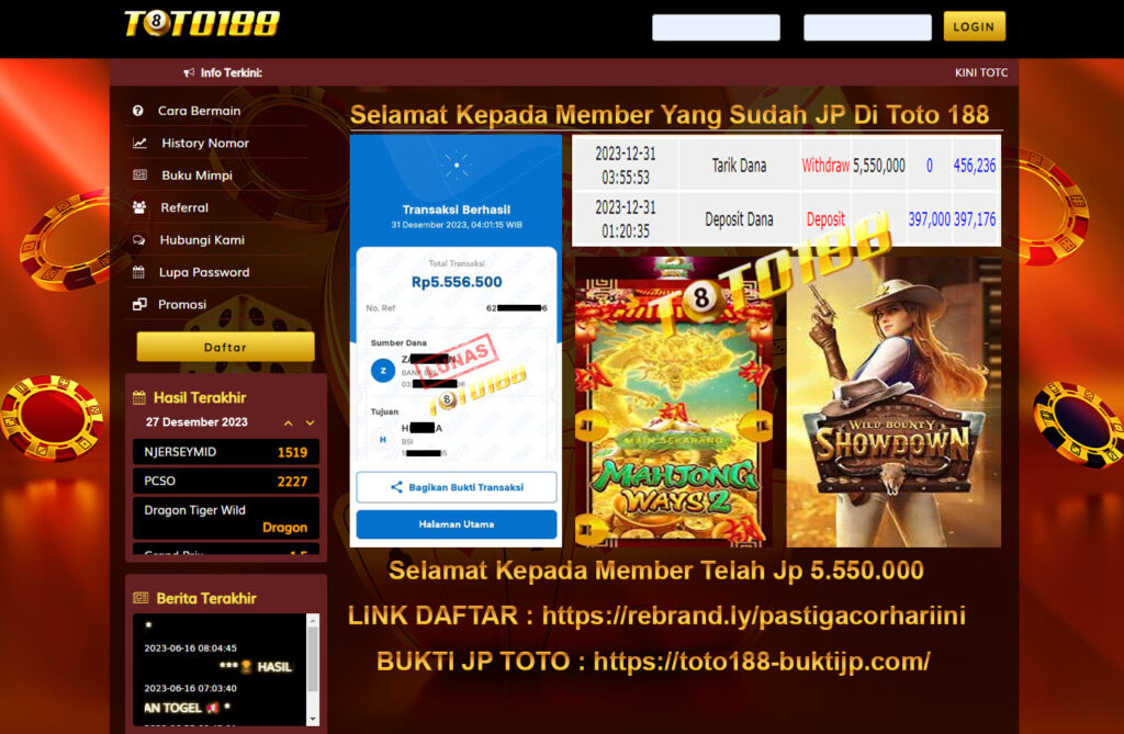 Bukti Jp Kemenangan Toto188 Mahjong Ways Dan WildBounty ShowDown 31 Desember 2023