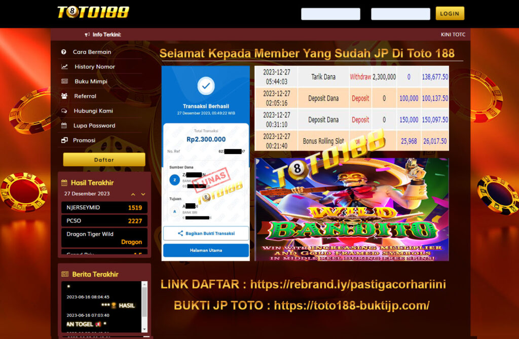 Bukti Jp Kemenangan Toto188 27 Desember 23