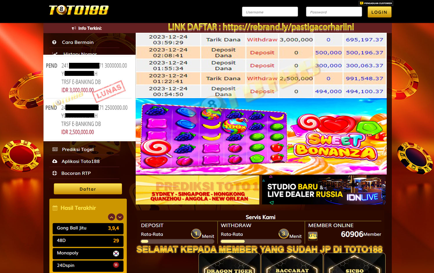 Bukti Jp Kemenangan Toto188 Sweet Bonanza 24 Desember 23