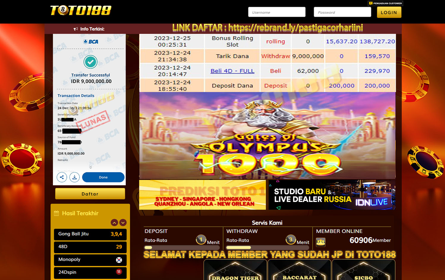 Bukti Jp Kemenangan Toto188 Gates Of Olympus 1000 24 Desember 2023