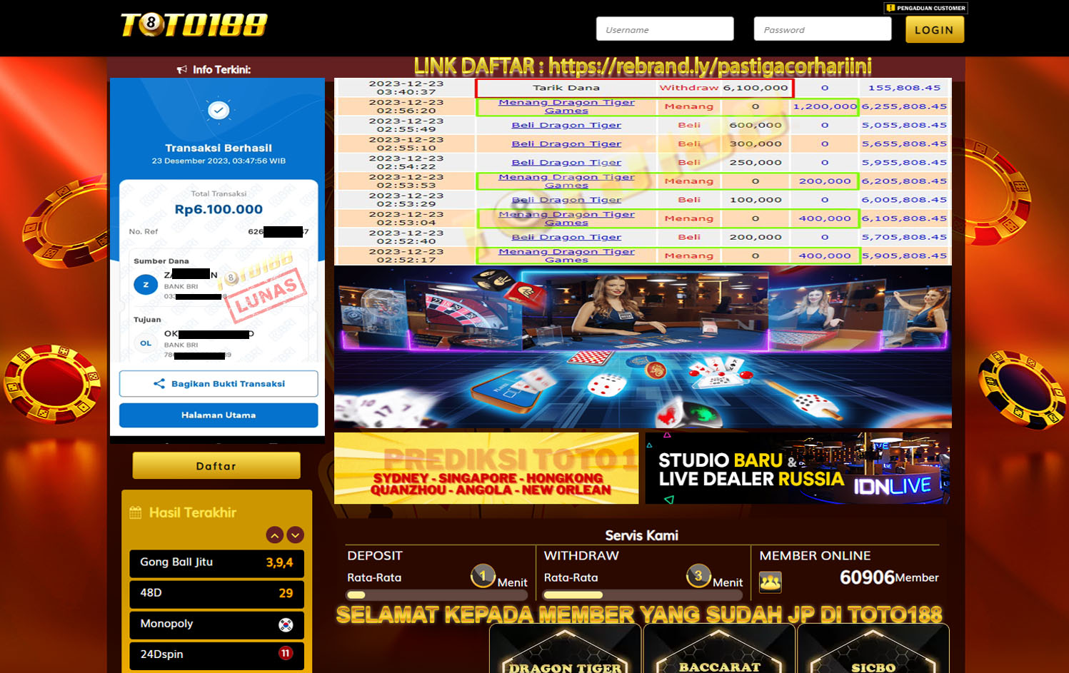 Bukti Jp Kemenangan Toto188 Dragon Tiger 23 Desember 2023