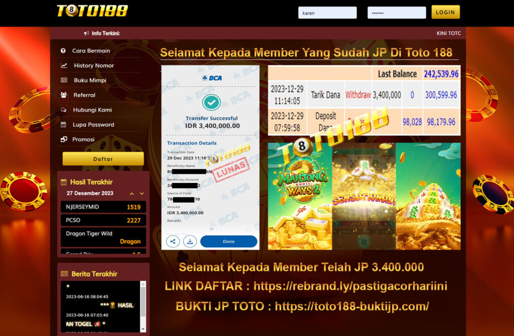 Bukti Jp Kemenangan Toto188 Mahjogn Ways 2 29 Desember 2023