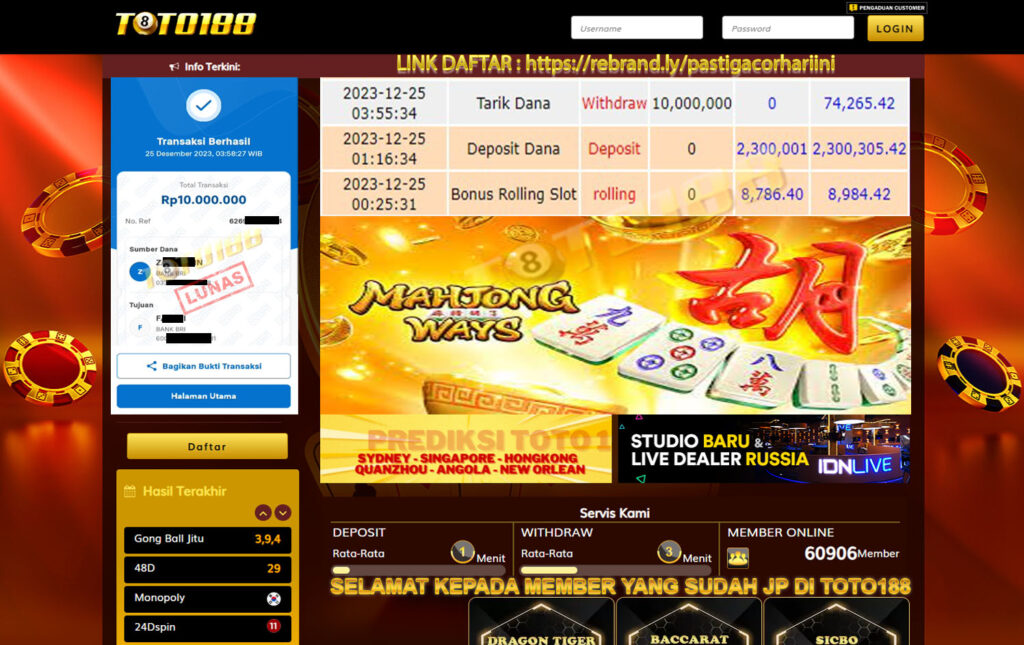 Bukti Jp Kemenangan Toto 188 Mahjong Ways 25 Desember 2023