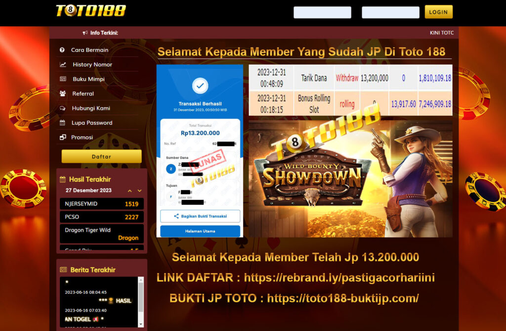 Bukti Jp Kemenangan Toto188 WildBounty Showdown 31 Desember 2023