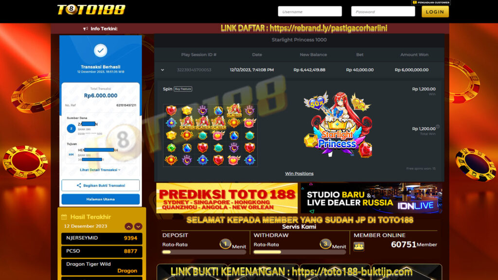 bukti jp starlight princess 12 desember 2023