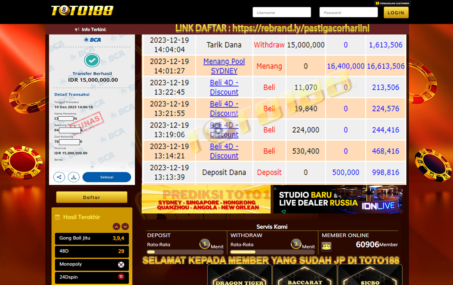 Bukti Jp Kemenangan Toto188 Sydney Pools 19 Desember 2023
