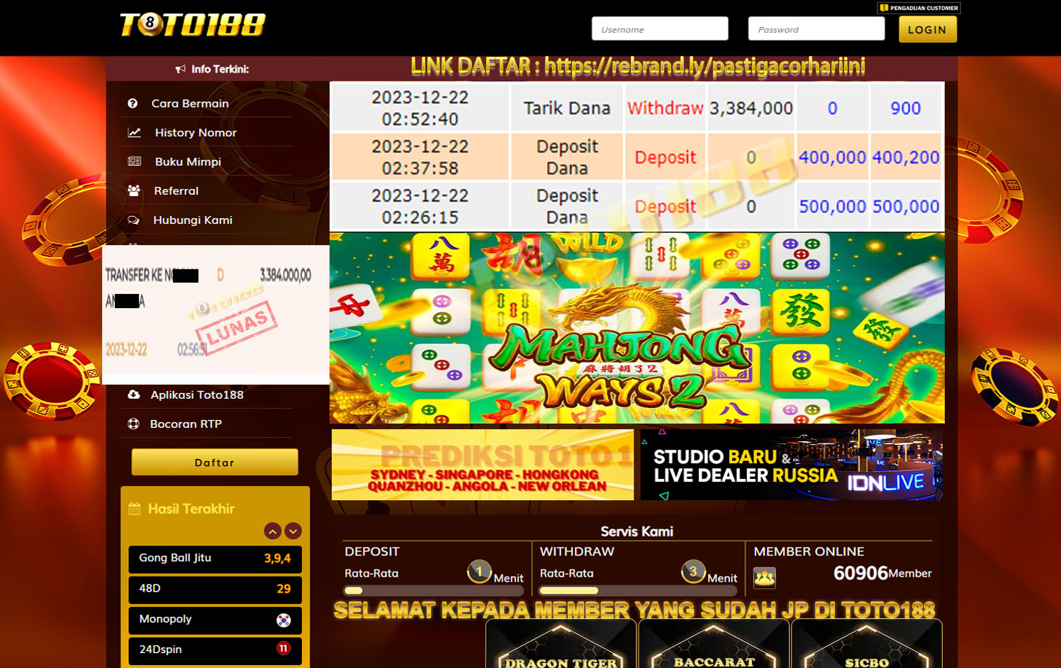 Bukti Jp Kemenangan Toto188 Mahjong Ways2 22 Desember 2023