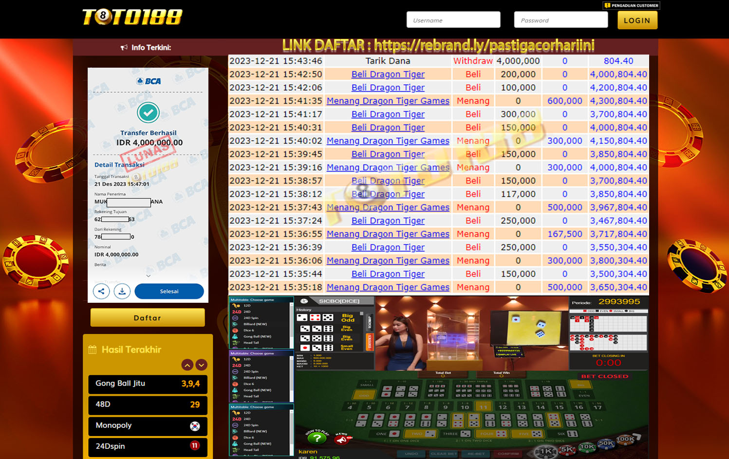 Bukti Jp Kemenangan Toto 188 Dragon Tiger 21 Desember 23