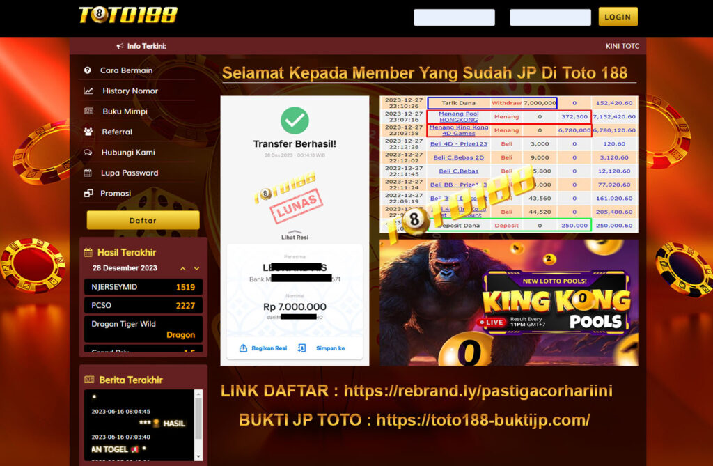 Bukti Jp Kemenangan Toto188 KingKong 4d 28 Desember 2023