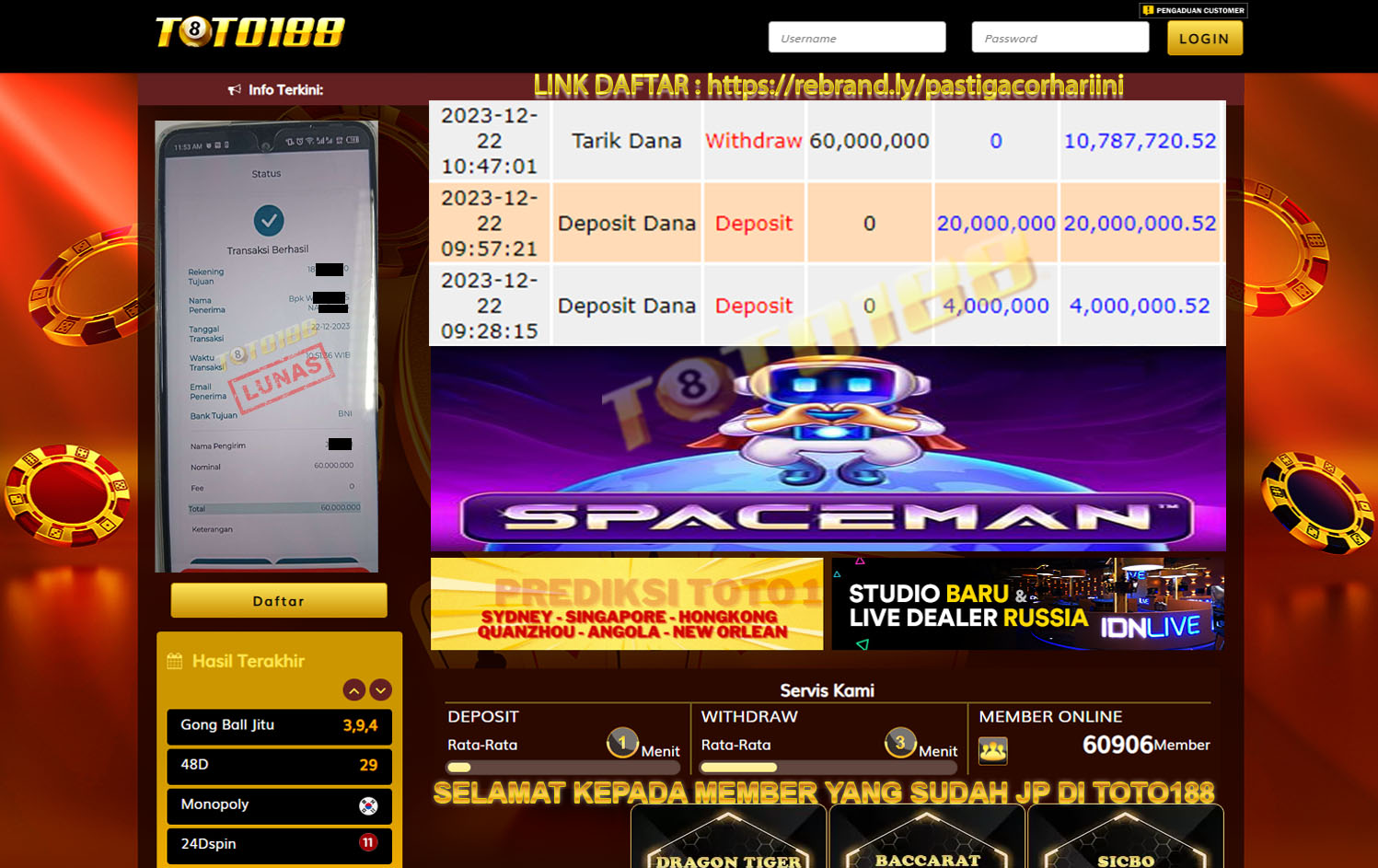 Bukti JpKemenangan Toto188 Spaceman 22 Desember 2023