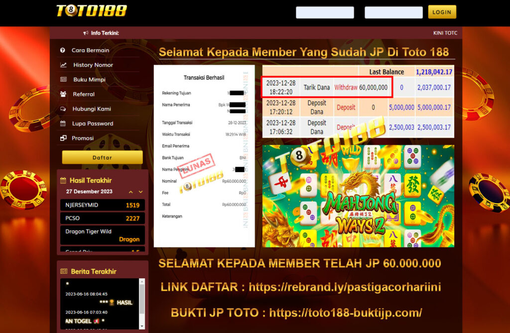 Bukti Jp Kemenangan Toto188 Mahjong Ways2 28 Desember 2023