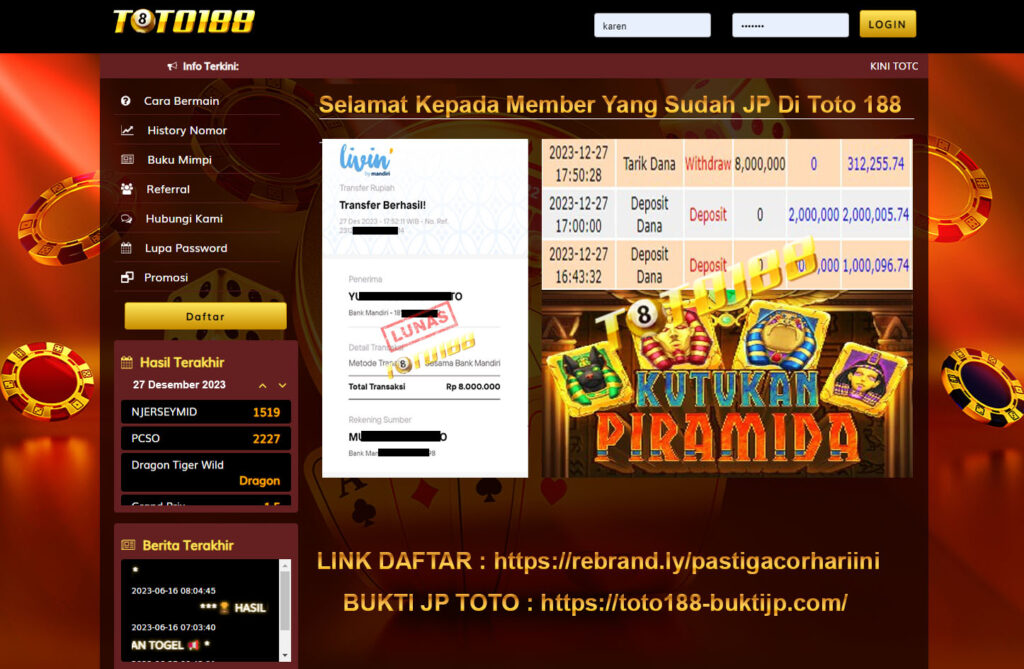 Bukti Jp Kemenangan Toto188 Kutukan Piramida 27 Desember 2023