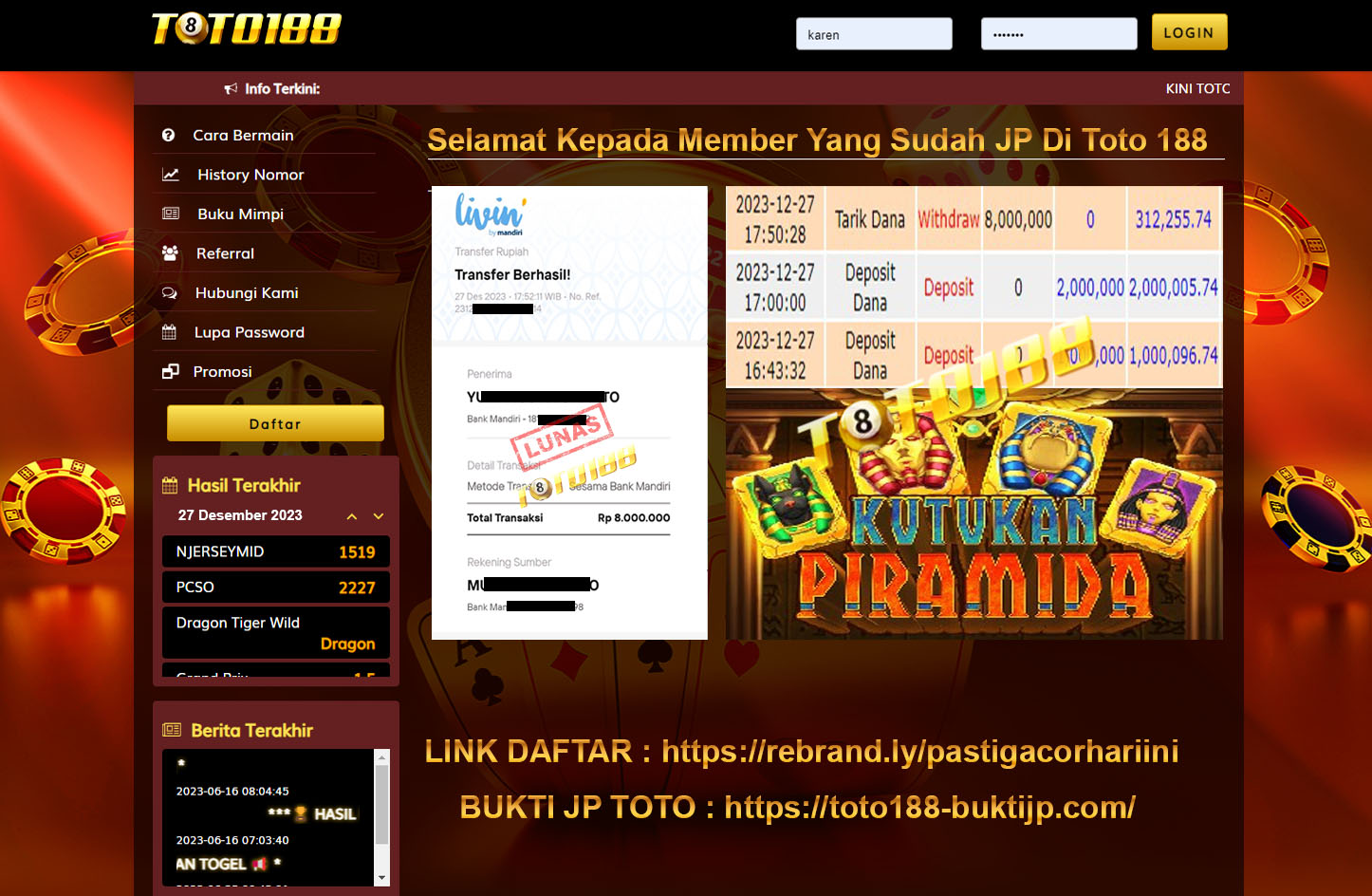 Bukti Jp Kemenangan Toto188 Kutukan Piramida 27 Desember 2023