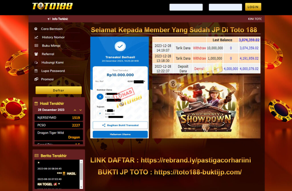 Bukti Jp Kemenangan Toto188 WildBounty ShowDown 28 Desember 2023