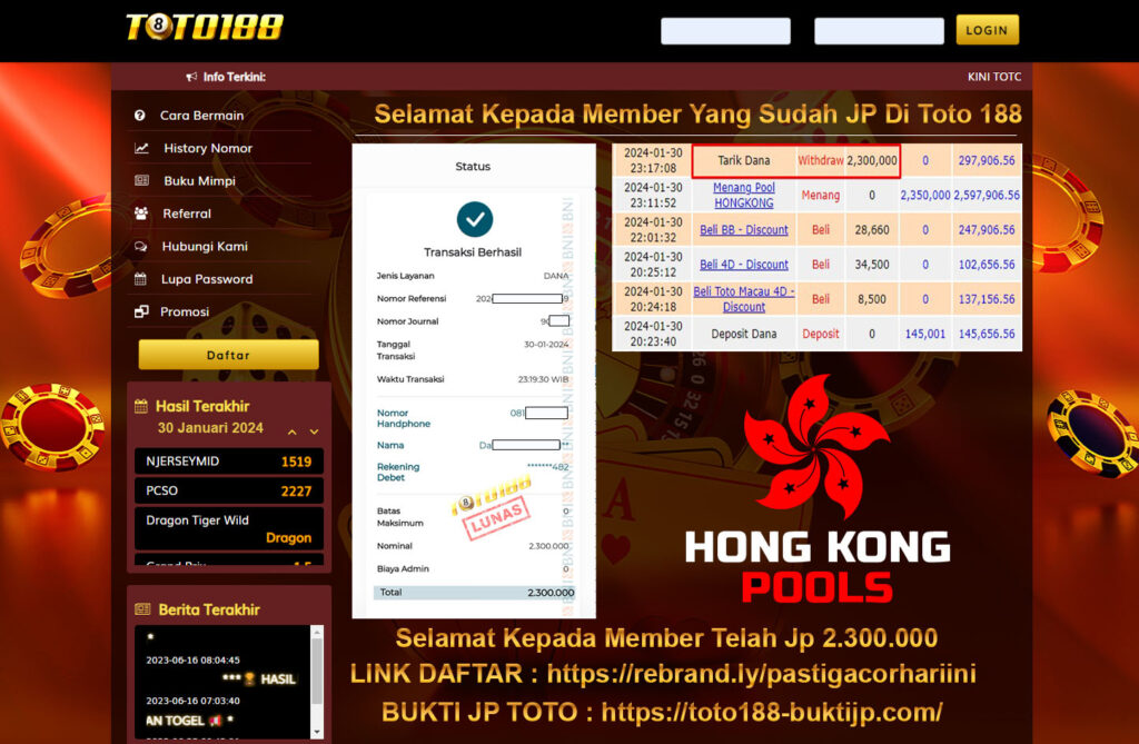 Bukti Jp Kemenangan Toto188 Hongkong Pools 30 Januari 2024