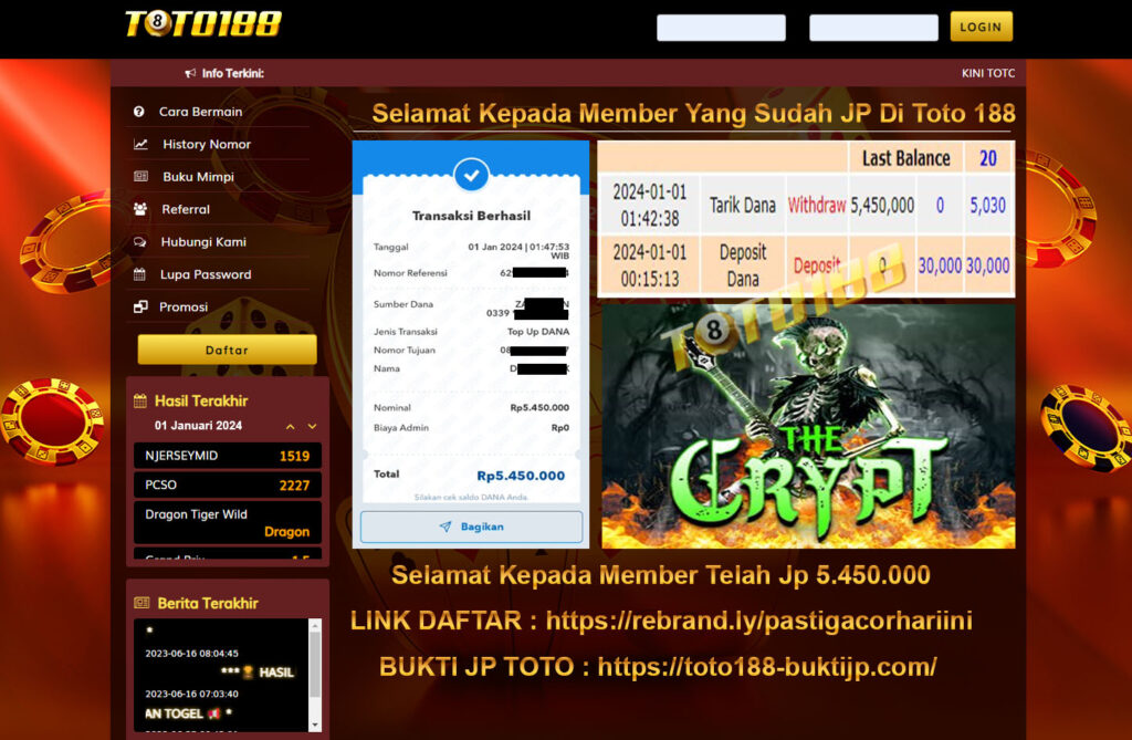 Bukti Jp Kemenangan Toto188 The Crypt 01 Januari 2024