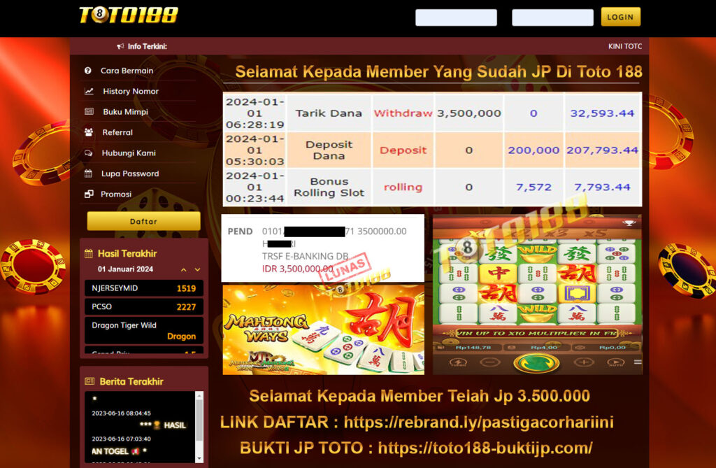 Bukti Jp Kemenangan Toto188 Mahjong Ways 01 Januari 2024