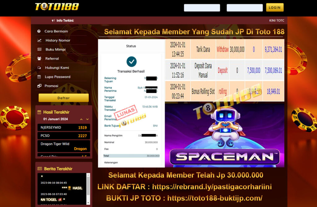 Bukti Jp Kemenangan Toto188 Spacemen 01 Januari 2024