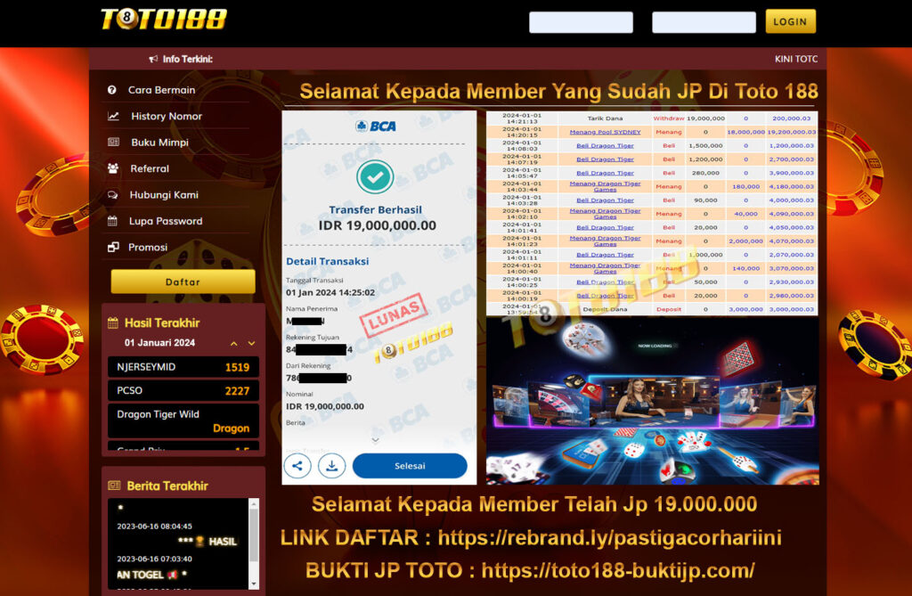 Bukti Jp Kemenangan Toto188 Dragon Tiger 01 Januari 2024