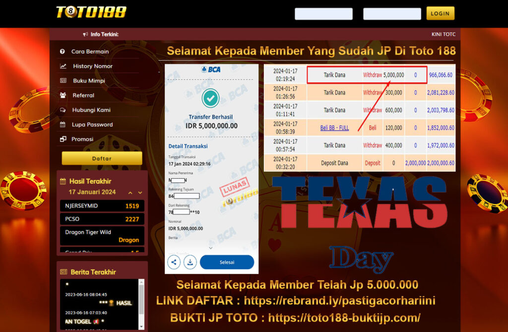 Bukti Jp Kemenangan Toto188 Texas Day Pools 17 Januari 2024