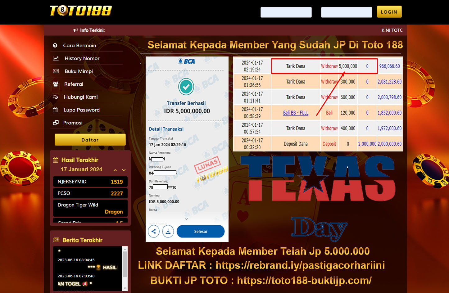 Bukti Jp Kemenangan Toto188 17 Januari 2024