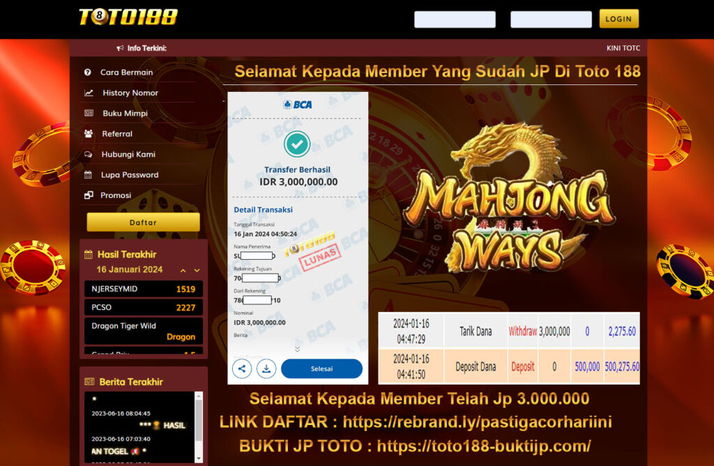 Bukti Jp Kemenangan Toto188 Mahjong Ways 16 Januari 2024