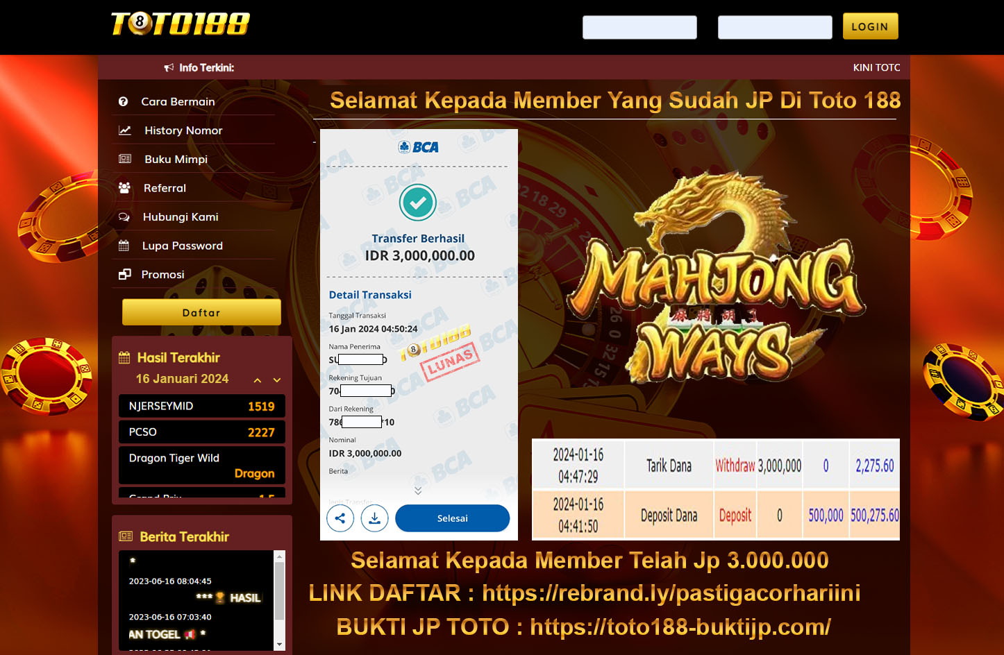 Bukti Jp Kemenangan Toto188 Mahjong Ways 16 Januari 2024