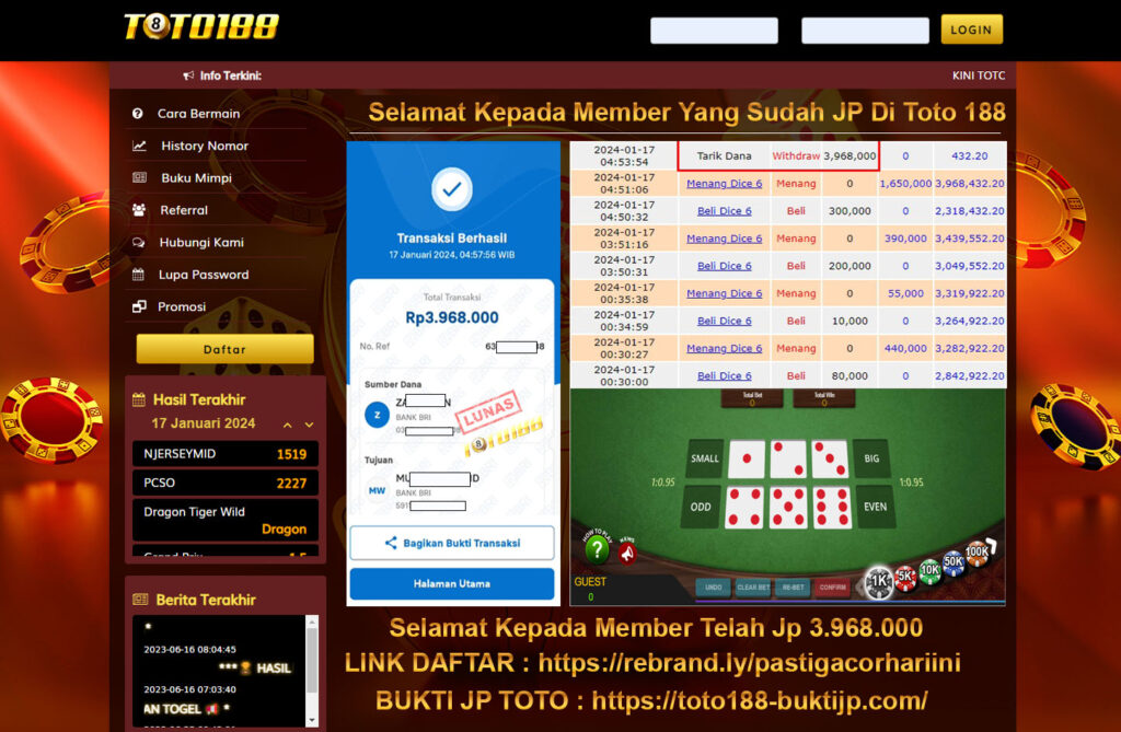 Bukti Jp Kemenangan Toto188 Dice6 18 Januari 2024