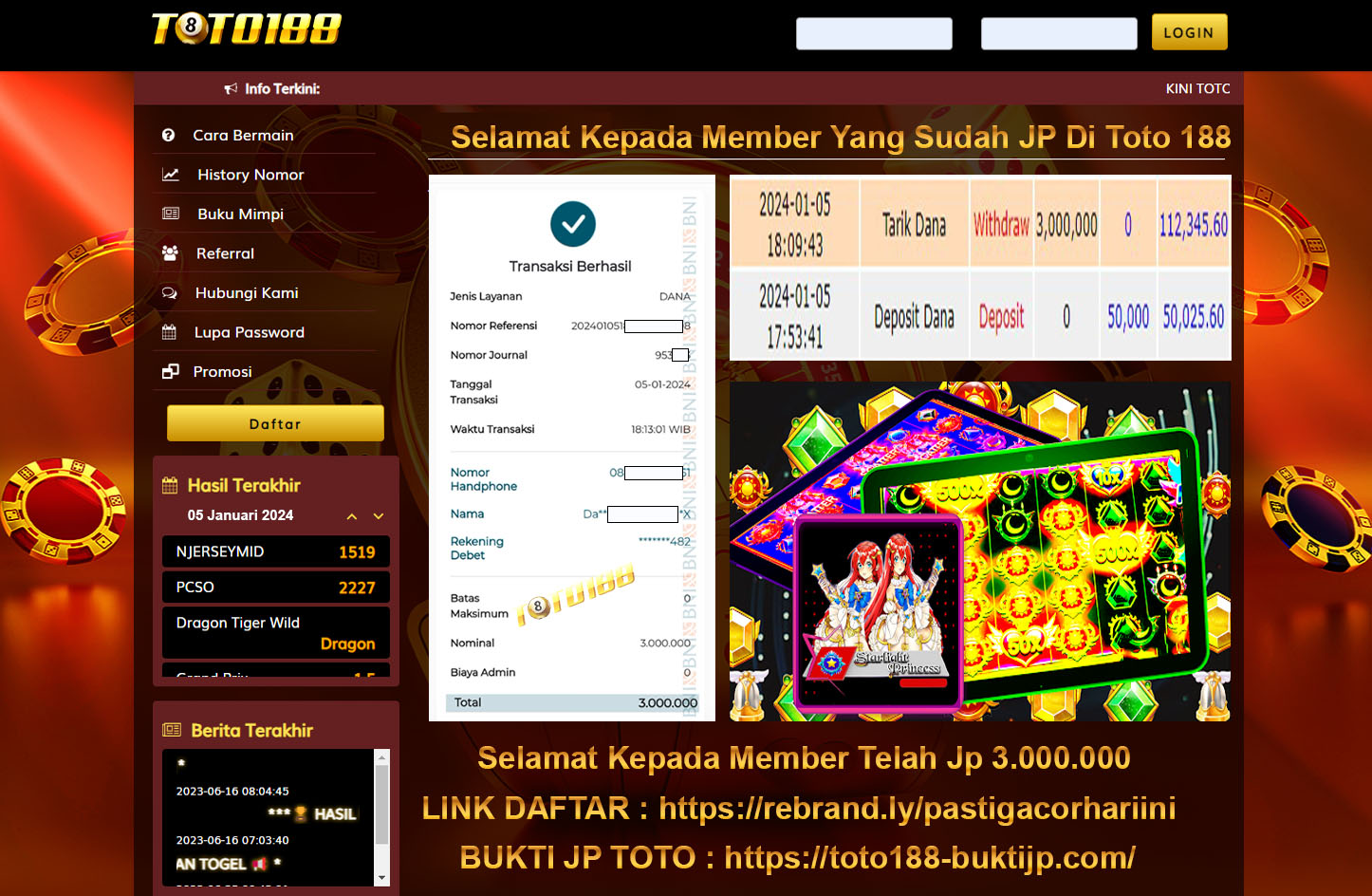 Bukti Jp Kemenangan Toto188 Starlight Princess 05 Januari 2024