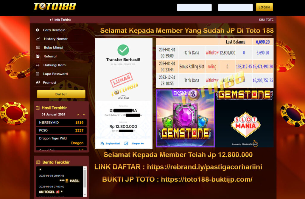 Bukti Jp Kemenangan Toto188 GemStone 01 Januari 2024